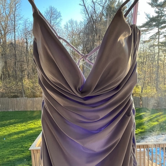 La Femme Strappy Back Ruched Trumpet Gown in Periwinkle - Picture 8 of 11